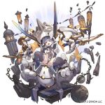  1girl armor ass_visible_through_thighs aura black_leotard black_thighhighs blue_eyes blue_hair breasts chain commentary_request copyright_name copyright_notice covered_navel covering_breasts covering_crotch covering_privates disembodied_hand extra_arms fang floating floating_object full_body gloves grey_hair hand_on_own_face hand_on_own_hip leotard looking_at_viewer monster_girl monster_musume_td multicolored_hair official_art open_mouth partially_fingerless_gloves pillar rakhion_(monster_musume_td) rock sennen_sensou_aigis short_hair shoulder_armor simple_background sitting skin_fang small_breasts smile so-taro solo spread_legs squatting star_(symbol) star_print streaked_hair teeth thighhighs tongue upper_teeth_only weapon white_background white_hair 