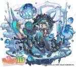  1girl :d armor ass_visible_through_thighs black_bodysuit blue_bodysuit blue_eyes blue_hair bodysuit bow_(weapon) breasts bubble center_opening commentary_request copyright_logo copyright_name copyright_notice covering_breasts covering_crotch covering_privates disembodied_hand extra_arms fang floating floating_object full_body grey_hair hands_on_ground hands_on_own_hips heart heart_hands horns logo looking_at_viewer mechanical_arms monster_girl monster_musume_td multicolored_bodysuit multicolored_hair navel official_alternate_costume official_art open_mouth palms_together rakhion_(monster_musume_td) short_hair shoulder_armor simple_background sitting skin_fang small_breasts smile so-taro solo star_(symbol) star_print stirrup_legwear streaked_hair teeth toeless_legwear tongue tongue_out water weapon white_background white_hair 