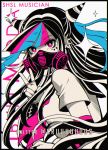  1girl black_border black_hair black_scrunchie blue_hair border breasts character_name criis-chan danganronpa ear_piercing eyebrows_visible_through_hair fake_horns floating_hair from_side gas_mask horns jewelry long_hair looking_at_viewer mask medium_breasts mioda_ibuki mouth_mask multicolored_hair piercing pink_eyes pink_hair ring school_uniform scrunchie shirt short_sleeves solo striped_sleeves super_danganronpa_2 symbol_commentary twitter_username upper_body v white_hair white_shirt wrist_scrunchie 