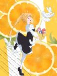  4girls absurdres alternate_costume animal ascot bird black_dress black_shoes blonde_hair blue_eyes bocchi_the_rock! box cardboard_box chinese_commentary collared_dress color_coordination commentary_request dove dress english_text food from_side fruit fruit_background full_body gotoh_hitori highres holding holding_box ijichi_nijika kessoku_band kita_ikuyo leg_up long_hair long_sleeves mini_person multiple_girls onesie open_mouth orange_(fruit) orange_slice pink_hair ponytail profile red_eyes red_hair shoes sideways_mouth smile standing standing_on_one_leg two-tone_dress user_htku7438 white_ascot wing_collar yamada_ryo 