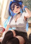  1girl 1other :d arm_up armpits black_bra black_choker black_skirt blue_eyes blue_hair bra bra_peek breasts chalkboard choker cleavage collared_shirt colored_inner_hair commentary english_commentary gyaru hair_bun hair_intakes highres hololive hololive_english indoors large_breasts long_hair looking_at_viewer miniskirt multicolored_hair open_mouth ouro_kronii padoruu pendant_choker pleated_skirt pov pov_hands school_uniform scrunchie shirt short_sleeves side_up_bun single_hair_bun sitting skirt smile solo_focus thighhighs underwear virtual_youtuber white_shirt wrist_scrunchie 