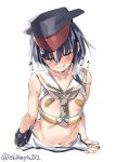  1girl asymmetrical_hair bandaid bandaids_on_nipples black_hair blush closed_mouth commentary_request ebifurya eyebrows_visible_through_hair grey_eyes hat highres i-13_(kantai_collection) kantai_collection looking_at_viewer navel neckerchief pasties school_uniform serafuku short_hair simple_background solo swimsuit twitter_username undressing white_background 