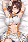  1girl armpits azur_lane baltimore_(azur_lane) baltimore_(muse)_(azur_lane) bangs black_panties blush bow braid breasts brown_hair center_opening clothing_cutout cuboon hair_between_eyes hat idol large_breasts looking_at_viewer lying mini_hat navel on_back open_mouth orange_bow panties pantyshot parted_lips short_hair sleeveless underboob underboob_cutout underwear yellow_eyes 