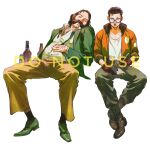  2boys black_hair blazer bomber_jacket bottle brown_hair chest_hair collared_shirt disco_elysium facial_hair full_body glasses gloves green_jacket hand_on_own_stomach harry_du_bois highres holding holding_notebook holding_pen horrific_necktie jacket kim_kitsuragi leaning_back male_focus multiple_boys mutton_chops nandesu03 notebook orange_jacket parted_lips partially_unbuttoned pen red_gloves round_eyewear shirt sitting sleeping white_shirt writing 
