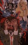  1boy 1girl absurdres artist_request bags_under_eyes blazer blonde_hair brown_hair clenched_teeth closed_eyes collared_shirt disco_elysium dolores_dei facial_hair green_eyes green_jacket hand_on_own_forehead harry_du_bois highres id_card jacket long_hair looking_at_viewer mutton_chops necktie red_necktie shirt short_hair teeth white_shirt 