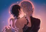  1boy 1girl aerial_fireworks androgynous backless_dress backless_outfit bare_back bare_shoulders black_bodice black_choker black_dress black_hair black_suit boruto:_two_blue_vortex breasts choker commentary dress earrings english_commentary faceless faceless_female fireworks frilled_choker frills hair_over_one_eye hand_on_another's_back highres holding holding_another's_hair holding_removed_eyewear imminent_kiss jewelry looking_at_another medium_hair mitsuki_(naruto) naruto_(series) pale_skin pendant ring short_hair sideboob slit_pupils small_breasts suit sunny_monki twitter_username uchiha_sarada unworn_eyewear white_hair yellow_eyes 