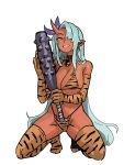  1girl 33dot absurdres animal_print aqua_hair bell bikini borrowed_character breasts club_(weapon) collarbone commentary commission dark-skinned_female dark_skin earrings elbow_gloves gloves grin highres holding holding_weapon horns jewelry kanabou kneeling large_breasts long_hair navel neck_bell o-ring o-ring_bikini o-ring_bottom o-ring_top original pixiv_commission pointy_ears print_bikini print_gloves print_thighhighs simple_background single_horn skin-covered_horns smile solo swimsuit thighhighs tiger_print very_long_hair weapon white_background yellow_eyes 