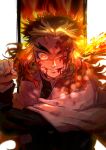  black_jacket bleeding blonde_hair blood blood_on_face cape flaming_sword flaming_weapon haori highres injury jacket japanese_clothes katana kimetsu_no_yaiba long_hair long_sleeves looking_at_viewer male_focus multicolored_hair one_eye_closed orange_eyes radioz red_hair rengoku_kyoujurou smile solo sword two-tone_hair weapon white_cape 