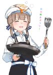  1other :d apron bangs beret black_apron blue_hair blush bow brown_hair captain_nemo_(fate/grand_order) closed_eyes collared_shirt dress_shirt eyebrows_visible_through_hair facing_viewer fate/grand_order fate_(series) fried_egg frying_pan gomennasai gradient_hair hair_ribbon hat holding long_hair long_sleeves low_twintails multicolored_hair open_mouth ribbon shirt simple_background smile solo spatula translation_request twintails white_background white_bow white_headwear white_shirt 