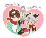  1girl 2boys aegiomon black_horns black_pantyhose black_vest body_markings box brown_hair chest_jewel commentary_request digimon digimon_story:_time_stranger facial_mark goat_boy goat_horns goggles goggles_on_head green_jacket grey_hair grey_jacket grey_skirt hands_on_own_hips heart-shaped_box horns jacket long_hair misono_inori multicolored_jacket multiple_boys no_shirt pantyhose pleated_skirt pointy_ears red_scarf satyr scarf short_hair skirt two-tone_jacket valentine vest white_jacket yuu_(pixiv3042074) yuuki_dan 