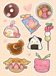  audino blueberry blush_stickers brown_eyes cake character-themed_food cherubi chips_(food) cleffa cream_puff dango donut egg_(food) english_commentary food fruit happiny heart highres hoppip kamaboko luvdisc macaron narutomaki noodles onigiri orange_background pokemon pokemon_(creature) pyukumuku ramen selcian_bun skitty smile strawberry swiss_roll teddiursa waffle wagashi yellow_eyes 