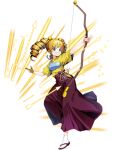  1girl arrow_(projectile) bow_(weapon) brown_eyes brown_gloves brown_hair clenched_teeth drill_hair duel_masters duel_masters_deck_development duel_masters_play's gloves glowing_arrow hair_ornament hakama hakama_skirt holding holding_bow_(weapon) holding_weapon japanese_clothes kimono looking_at_viewer muneate official_art red_hakama sandals short_sleeves single_glove skirt socks solo standing standing_on_one_leg teeth third-party_source transparent_background weapon white_socks yaeko_(duel_masters) yellow_kimono zouri 