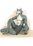 2020 absurd_res anthro athletic athletic_anthro athletic_male beastars bottomwear canid canine canis clothed clothing fur grey_body grey_fur hi_res jazcabungcal legoshi_(beastars) looking_at_viewer male mammal pecs shorts sitting smile solo topless wolf 