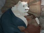  2020 4:3 anthro barazoku bed blush bodily_fluids brown_body brown_fur clothing crushfang_(sdorica_sunset) dagger_(sdorica_sunset) detailed_background duo fur furniture hi_res hug kemono kumao male male/male mammal moobs pillow polar_bear robe scar sdorica_sunset sleeping sweat ursid ursine white_body white_fur 