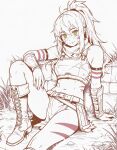  1girl ahoge arm_strap arm_support belt blush body_freckles boots caffichai closed_mouth commentary commission english_commentary foot_out_of_frame freckles grass green_eyes hair_between_eyes head_tilt highres long_hair looking_at_viewer navel on_ground original ponytail shoulder_freckles sidelocks sitting solo thigh_freckles white_background 