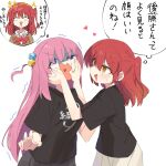  2girls black_shirt blue_eyes blush bocchi_the_rock! closed_eyes commentary_request cube_hair_ornament gotoh_hitori hair_between_eyes hair_ornament hands_on_another's_cheeks hands_on_another's_face heart heart_in_mouth highres kita_ikuyo long_hair multiple_girls one_side_up open_mouth pink_hair red_hair shaded_face shirt short_sleeves simple_background skirt speech_bubble sweat t-shirt taru_haru thought_bubble translation_request trembling white_background yellow_eyes 