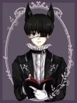  1boy animal_ear_fluff animal_ears black_eyes black_hair black_jacket book border closed_mouth commentary_request cropped_torso cross gloves grey_background highres holding holding_book jacket kaneki_ken kemonomimi_mode lapels latin_cross long_sleeves looking_at_viewer male_focus monocle one_eye_covered open_book priest purple_border round_border shirt shishi_(eai_make) short_hair solo straight-on tokyo_ghoul white_gloves white_shirt wolf_ears 