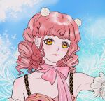  1girl bare_shoulders blue_sky bow bow_choker bowtie chinese_commentary choker closed_mouth cloud collarbone commentary_request curly_hair day detached_sleeves drill_hair eyelashes fireworks frilled_sleeves frills hair_ornament highres infinity_nikki light_blush light_particles lipstick long_hair looking_ahead luoyuan087 makeup nikki_(series) nostrils outdoors pink_bow pink_bowtie pink_choker pink_lips pink_tank_top pom_pom_(clothes) pom_pom_hair_ornament red_hair short_sleeves sky smile solo striped_bow striped_bowtie striped_choker striped_clothes stylist_(nikki) tank_top two_side_up upper_body white_sleeves yellow_eyes 