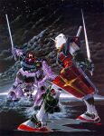 1970s_(style) 1980s_(style) black_tri-stars commentary_request dom_(mobile_suit) earth_federation energy_sword gundam highres holding holding_sword holding_weapon magazine_scan mecha mecha_focus military_rank_insignia mobile_suit mobile_suit_gundam no_humans official_art one-eyed ookawara_kunio painting_(medium) promotional_art prototype_gundam realistic red_eyes retro_artstyle robot scan scene_reference science_fiction shield sword traditional_media v-fin war weapon zeon 