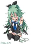  1girl black_legwear blush bow bow_panties breasts closed_mouth commentary_request covering covering_crotch ebifurya eyebrows_visible_through_hair from_above full_body green_eyes green_hair hair_between_eyes hair_bow hair_ornament hairclip highres kantai_collection long_hair looking_at_viewer neckerchief panties panties_removed school_uniform side-tie_panties simple_background sitting small_breasts solo striped striped_panties tearing_up tears thighhighs twitter_username underwear very_long_hair white_background yamakaze_(kantai_collection) yokozuwari 