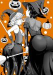  2girls alternate_costume ass bare_shoulders black_dress breasts commentary_request curly_hair dress fubuki_(one-punch_man) gloves halloween halloween_costume happy_halloween highres jack-o&#039;-lantern kawa looking_at_viewer multiple_girls one-punch_man short_hair small_breasts tatsumaki witch 