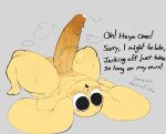 anthro big_ears big_eyes big_pupils bodily_fluids canid canine chikn_nuggit chikn_nuggit_(chikn_nuggit) circumcised cute_pose dialogue fur genital_fluids genitals grey_background happy hyper jojoafterdar looking_at_another lying male mammal masturbation musk musk_cloud on_back penis precum pupils simple_background smelly solo sweat thick_thighs vein veiny_penis yellow_body yellow_fur