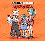  3girls alternate_hairstyle alternate_headwear animal_ears ball beanie bike_shorts black_pants black_shoes black_shorts blue_eyes blue_hair blue_shirt blue_shoes closed_mouth commentary contemporary crossed_arms doll_joints english_commentary english_text full_body green_eyes green_hair green_hat grey_hair hair_bobbles hair_ornament hat highres hood hoodie inubashiri_momiji joints kagiyama_hina kawashiro_nitori leaf_print leg_warmers long_hair long_sleeves looking_at_viewer maple_leaf_print multiple_girls navel one_eye_closed orange_background oysterfried pants ponytail print_pants red_eyes red_shirt red_shoes red_shorts shirt shoes short_hair short_sleeves shorts sleeveless sleeveless_shirt sneakers sweatdrop tail touhou two_side_up white_hoodie white_leg_warmers wolf_ears wolf_girl wolf_tail 