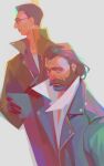  2boys absurdres aegyo_sal chromatic_aberration collared_shirt disco_elysium facial_hair glasses gloves hair_slicked_back harry_du_bois highres holding holding_notepad holding_pen jacket kim_kitsuragi looking_to_the_side male_focus multiple_boys mutton_chops notepad pen popped_collar sasha_tudvaseva shirt short_hair upper_body 