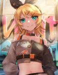  1girl bangs bare_shoulders belt black_bow black_shirt blonde_hair blue_eyes bow breasts choker cleavage collarbone commentary crop_top graffiti grey_shirt hair_bow hair_ornament hairclip headset highres kagamine_rin light_rays long_sleeves looking_at_viewer medium_breasts midriff navel off-shoulder_shirt off_shoulder project_sekai shirt short_hair sidelocks smile snap-fit_buckle solo song_request soramame_pikuto standing strap sunbeam sunlight swept_bangs two-tone_shirt upper_body vocaloid wall white_belt 