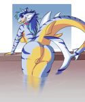  anthro axela big_breasts big_butt breasts butt digimon digimon_(species) female fish fur gabumon genitals gills hair hi_res inner_ear_fluff kylemonrow long_tail looking_at_viewer marine nude pussy rear_view red_eyes shark simple_background solo tuft water yellow_body yellow_skin 
