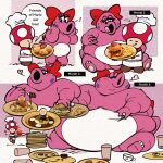 accessory anthro belly big_belly birdo birdo_(character) blush bodily_fluids bow_ribbon burger carcupholder chef chef_hat chubby_cheeks clothing double_chin duo exclamation_point eyelashes eyes_closed fat_arms fat_legs fat_rolls female flying_sweatdrops food fries hair_accessory hair_bow hair_ribbon hat headgear headwear heart_symbol hi_res holding_fork huge_belly love_handles mario_bros morbidly_obese morbidly_obese_anthro morbidly_obese_female nintendo obese obese_anthro obese_female overweight overweight_anthro overweight_female pasta pink_body ribbons ring siphon_(anatomy) spaghetti sweat sweatdrop toad_(mario) tongue tongue_out weight_gain white_body
