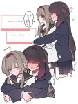  22_rink 2girls ? ?? arms_around_waist black_hair black_sailor_collar blazer blue_eyes blush bow brown_hair brown_sailor_collar brown_skirt closed_eyes closed_mouth columbina_(genshin_impact) commentary_request contemporary genshin_impact hair_bow hair_flaps hairband heart highres hug hug_from_behind jacket long_hair long_sleeves multicolored_hair multiple_girls open_mouth pleated_skirt purple_hair purple_streaks red_hairband sailor_collar sandrone_(genshin_impact) school_uniform serafuku shirt short_hair_with_long_locks simple_background skirt speech_bubble streaked_hair thought_bubble translation_request two-tone_hair very_long_hair white_background white_shirt yuri 