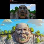  balding beard benii21 cliff commentary english_commentary facial_hair full_beard highres markus_persson_(notch) minecraft reference_inset sculpture temple_of_notch tree 