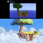  1boy arms_between_legs benii21 cape cloud cloudy_sky crown floating_island fur-trimmed_cape fur_trim grass highres minecraft minecraft_youtube outdoors pig_boy plant_roots red_cape reference_inset sitting sky skyblock solo technoblade tree 