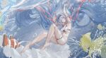  absurdly_long_hair air_bubble ankle_garter anklet armlet armpits arms_up bikini blue_hair blue_ribbon breasts bubble cleavage commission fish floating floating_hair frilled_cape full_body goldfish hairband hands_up head_tilt highres in_water jewelry long_hair medium_breasts ocean orange_eyes original outdoors piao_jin_(headwear) pink_ribbon red_eyes ribbon school_of_fish swimsuit thigh_strap underwater very_long_hair waist_cape white_bikini white_ribbon wuzhuang_caikuangche 