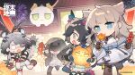  4girls aerial_fireworks animal_ears arknights arknights:_endfield artist_request bird_ears bird_girl black_gloves black_hair blue_eyes chen_qianyu_(arknights) chibi chinese_commentary chinese_new_year commentary_request copyright_name dragon_bean_(arknights) dragon_girl dragon_horns dragon_tail dress endministrator_(arknights) female_endministrator_(arknights) fireworks food gloves grey_hair highres holding holding_food horns jacket medium_hair multiple_girls official_art pantyhose perlica_(arknights) tail tangtang_(arknights) tiger_ears tiger_girl white_dress 