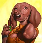  5_fingers anthro bandage breasts brown_body brown_eyes brown_fur canid canine canis clothing digital_media_(artwork) domestic_dog eyewear female fingers floppy_ears fur glasses hi_res looking_at_viewer mammal simple_background smile solo venjiiart waving_hand yellow_background 