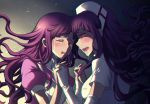  2girls apron bandages bangs blush breasts closed_eyes commentary criis-chan crying danganronpa dress dual_persona elbow_gloves floating_hair from_side gloves glowing glowing_eye holding_hands long_hair medium_breasts mole mole_under_eye multiple_girls nurse open_mouth puffy_short_sleeves puffy_sleeves purple_hair saliva shiny shiny_hair short_sleeves super_danganronpa_2 tsumiki_mikan upper_body upper_teeth wavy_hair white_apron white_dress white_gloves 