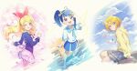  1girl 3girls aikatsu! aikatsu!_(series) barefoot blonde_hair blouse blue_eyes blue_hair blue_neckerchief blue_sailor_collar blue_shirt blue_skirt blue_sky bow closed_mouth cloud cloudy_sky crossover cut_bangs day drawstring grey_skirt hair_bow hair_ribbon highres hirogaru_sky!_precure holding holding_sock holding_unworn_clothes hood hood_down hoodie hoshimiya_ichigo hugtto!_precure in-franchise_crossover kagayaki_homare l'avenir_academy_school_uniform long_hair looking_at_viewer medium_hair miniskirt multiple_girls neckerchief one_eye_closed open_mouth outdoors pleated_skirt precure red_eyes red_ribbon ribbon rice_rabbit22 sailor_collar school_uniform shading_eyes shirt short_sleeves side_ponytail single_sidelock sitting skirt sky smile socks solo sora_harewataru sorashido_academy_school_uniform standing unworn_socks wading white_shirt white_skirt yellow_bow yellow_eyes yellow_hoodie 