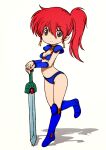  1girl arched_back armor armored_boots asagiri_youko beeru_(veil8801) bikini_armor blue_armor boots breasts brown_eyes cleavage closed_mouth commentary_request deformed earrings full_body genmu_senki_leda hair_between_eyes hands_on_hilt highres jewelry leg_up long_hair navel pauldrons red_hair shadow shoulder_armor side_ponytail simple_background small_breasts smile solo sword weapon white_background 