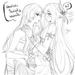 2girls ? ?? blush columbina_(genshin_impact) commentary genshin_impact greyscale hand_on_another's_thigh head_wings highres long_hair monochrome multiple_girls niraname open_mouth sandrone_(genshin_impact) thai_text translation_request very_long_hair wings yuri 