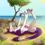  1:1 absurd_res bodily_fluids genital_fluids genitals hi_res lying lying_on_ground male on_back penis precum sergal solo stretching sunbathing 