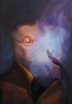  1boy absurdres astrianabla black_hair cigarette closed_eyes disco_elysium glasses highres holding holding_cigarette kim_kitsuragi male_focus portrait round_eyewear short_hair smoke smoking solo 