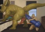 all_fours animal_genitalia animal_penis anthro anus balls bed bedroom butt digital_media_(artwork) dildo dinosaur erection furniture genital_slit genitals hi_res holding_dildo holding_object holding_sex_toy horn human human_on_anthro humanoid_genitalia humanoid_penis inside interspecies kneeling knot knotted_dildo knotted_penis larger_anthro male mammal nude orcfun penis prehistoric_species reptile scalie sex_toy size_difference slit_penis smaller_human solo tail