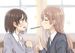  2girls absurdres betock blush brown_hair closed_eyes food highres index_finger_raised long_hair mouth_hold multiple_girls original pocky profile school_uniform short_hair sweatdrop yuri 