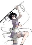  1girl alternate_hairstyle apron black_hair bleach breasts bun_cover china_dress chinese_clothes commentary corrupted_twitter_file double_bun dress english_commentary hair_bun highres holding holding_sword holding_weapon kuchiki_rukia open_mouth purple_dress purple_eyes short_hair shorts silegesi small_breasts smile sode_no_shirayuki_(shikai) solo standing standing_on_one_leg sword thigh_strap waist_apron weapon white_shorts zanpakutou 