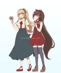  2girls alternate_costume alternate_hairstyle ankle_boots bangs bare_arms black_bow blonde_hair blunt_bangs blush boots bow braid brown_footwear brown_hair collared_shirt criis-chan danganronpa dress food full_body harukawa_maki high_heels holding long_hair long_skirt multiple_girls new_danganronpa_v3 open_mouth ponytail purple_legwear red_dress red_eyes red_footwear red_neckwear red_ribbon ribbon shirt shirt_tucked_in shoes short_sleeves skirt sleeveless smile sonia_nevermind super_danganronpa_2 thighhighs very_long_hair white_shirt 