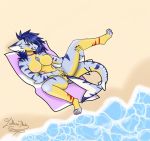  anthro axela beach breasts digimon digimon_(species) digital_media_(artwork) exposed_breasts female fish fur gabumon genitals gills inner_ear_fluff long_tail lying marine multicolored_body nails nipples nude outside pink(thilda) pussy seaside shark solo tail_insertion tuft yellow_body yellow_skin 
