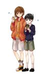  2boys absurdres alternate_costume alternate_eye_color antenna_hair black_hair black_shoes black_sweater blush brown_eyes brown_hair brown_shorts chinese_commentary closed_mouth collared_shirt commentary_request cup disposable_cup drinking_straw drinking_straw_in_mouth food hair_between_eyes highres holding holding_cup holding_food jacket kel_(faraway)_(omori) kel_(omori) linglanjunying long_sleeves looking_at_another male_focus multiple_boys omori orange_jacket shirt shirt_under_sweater shoes short_hair shorts simple_background smile socks sunny_(omori) sweater white_background white_shirt white_shorts white_socks 