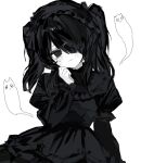  1girl ame-chan_(needy_girl_overdose) black_dress black_eyes black_hair commentary doodle_inset dot_nose dress drill_hair emoji frilled_dress frilled_hairband frilled_sleeves frills ghost gothic_lolita hair_ornament hair_over_one_eye hairband highres kitty_17a lolita_fashion lolita_hairband needy_girl_overdose pien_cat_(needy_girl_overdose) pleading_face_emoji puffy_sleeves solo sweat twin_drills white_background x_hair_ornament 